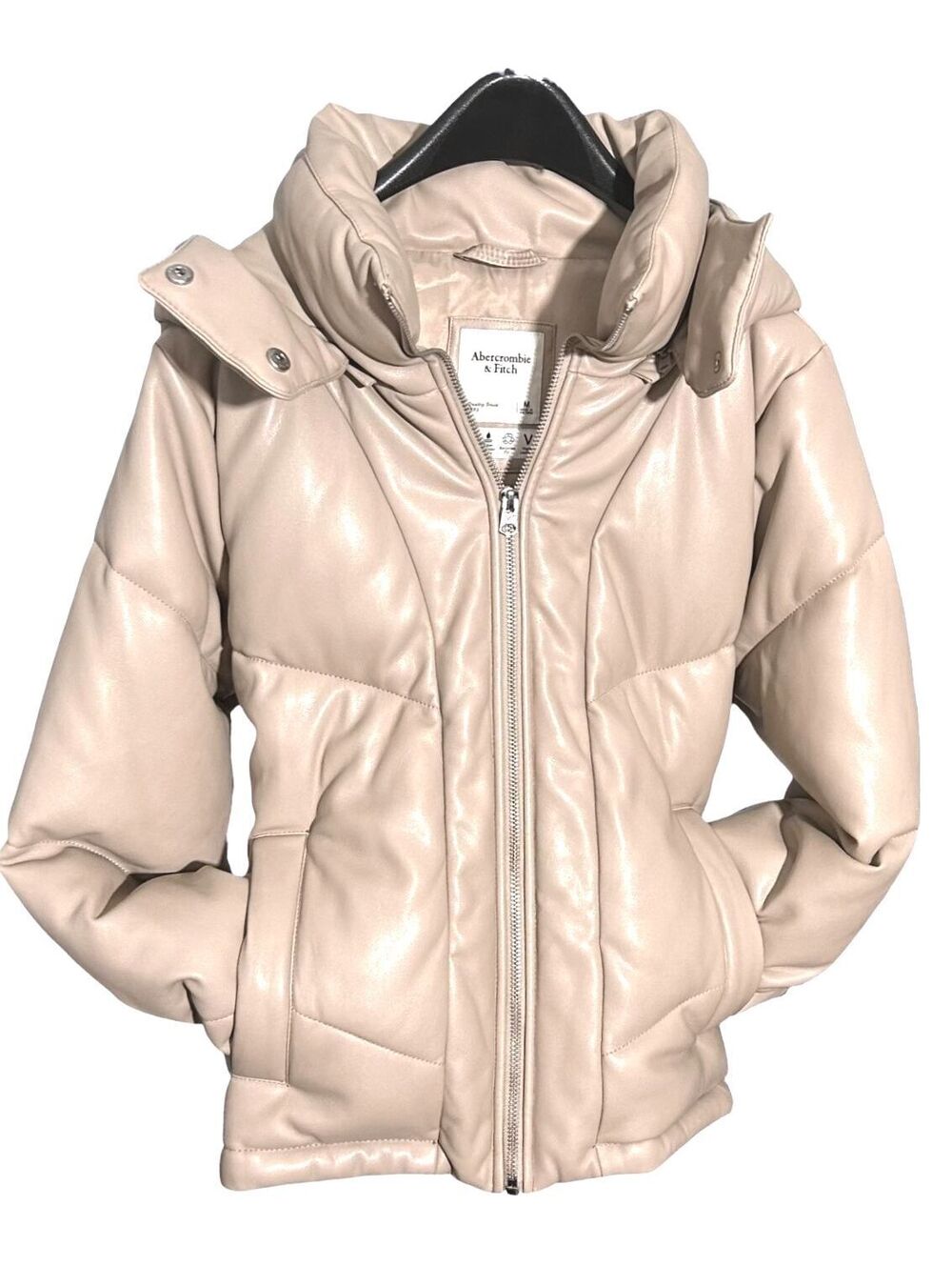 ABERCROMBIE & FITCH Womens (M) Beige Tan Vegan Leather Mini-Puffer Jacket/ Hood